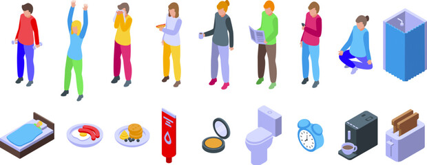 Morning ritual icons set. People morning routine set. Persons waking up, having breakfast, brushing teeth, doing gymnastics, reading news, drinking coffee isometric 3d icons set
