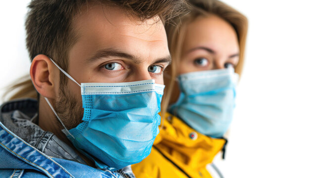 A man and a woman wearing blue face masks
