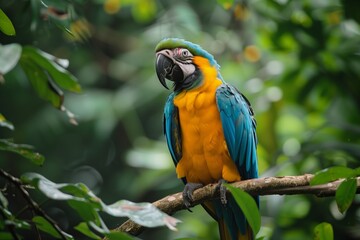 Fototapeta premium Colorful parrot perched on a branch in the rainforest, vibrant and exotic