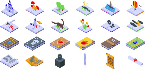 Fantasy paper book icons set. Open books are showing different stories and genres with isometric illustrations, representing the power of imagination and the diversity of literature