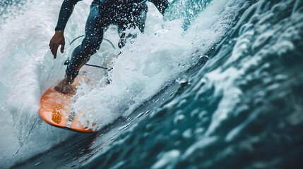 Naklejka premium close up of a surfer riding a wave, capturing the dynamic movement and splash of water around the surfboard