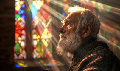 Obraz premium A Christian priest standing in a church against the background of a stained glass window. Rays of light make their way inside