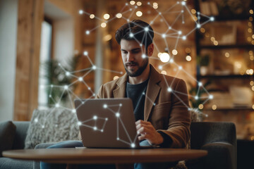 Focused man using smartphone with futuristic technology interface overlay in a vibrant city at night.