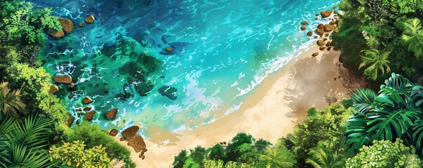 Aerial view of a pristine beach with golden sands and clear blue waters surrounded by lush tropical vegetation