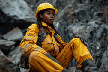 Naklejka premium Female worker with helmet and goggles overseeing a coal mine operation