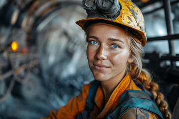 Fototapeta premium Female engineer in yellow protective gear standing at a mining site. Industrial portrait photography. Mining industry and engineering concept