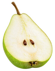 Pear half isolated png. Green pear half on transparent background. PNG format. Pear slice with no background. Full depth of field.