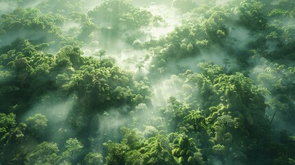 Obraz premium Aerial view of a vast rainforest with dense green canopy stretching endlessly under the morning mist