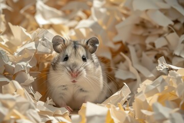 Hamster in bedding made from recycled paper, cozy and curious.