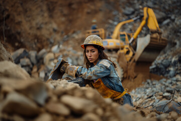 Female worker with gloves and safety equipment inspecting a mining site