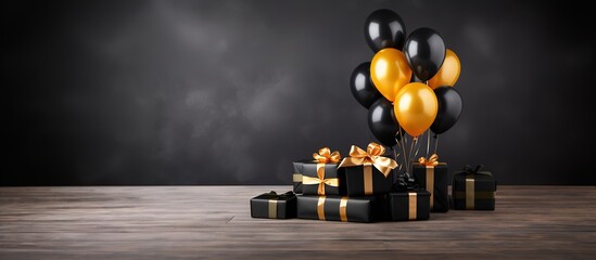 Black and Gold Gift Boxes with Balloons on Wooden Table