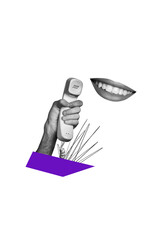 Creative drawing collage picture of hand hold retro old vintage handset telephone cord wire female mouth toothy smile speaking talking tell