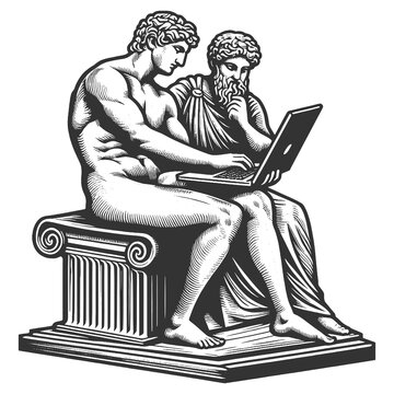 recommend clip art: two ancient philosophers using laptop, classical and modern elements sketch engraving generative ai fictional character raster illustration. Scratch board imitation. Black and white image.