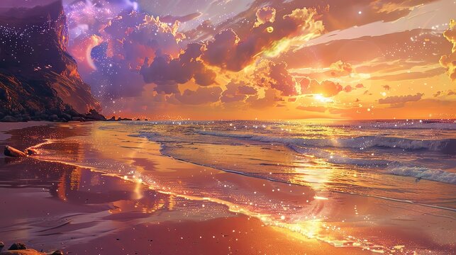 Breathtaking sunset over a tranquil beach with vibrant colors reflecting on the waves and sky, creating a picturesque seascape.
