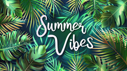 Summer banner. Beautiful background on tropical palm trees and leaves, illustration with text "Summer Vibes".