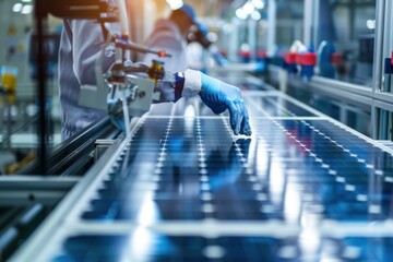 Glossy solar panel being produced at factory, photovoltaic power cells manufacturing