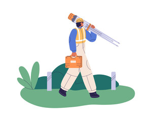 Surveyor with tripod and case, topography equipment. Surveying engineer carrying tools, gear. Worker walking with professional geodesy toolkit. Flat vector illustration isolated on white background