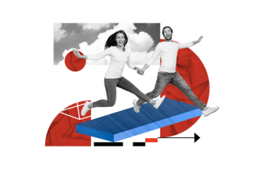 Creative collage image of two excited mini black white effect people running arrow pointer direction isolated on beige painted background