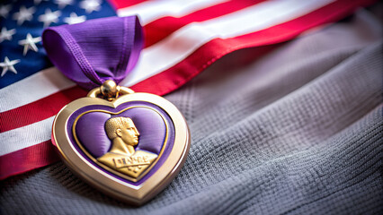 Purple Heart medal on folded American flag with soft gray background