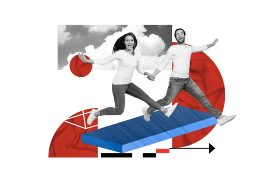 Creative collage image of two excited mini black white effect people running arrow pointer direction isolated on beige painted background