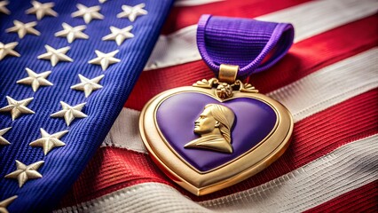 Purple Heart medal resting on an American flag