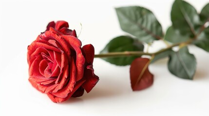 Fototapeta premium A vibrant red rose with its stem and leaves, exquisitely displayed on a clean white surface, showcasing its natural beauty and elegance with rich textures.