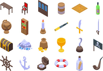 Pirate ship cabin icons set. Treasure hunter is preparing for an adventure, looking at a map and using a compass and a spyglass
