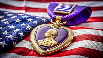 Purple Heart medal resting on an American flag