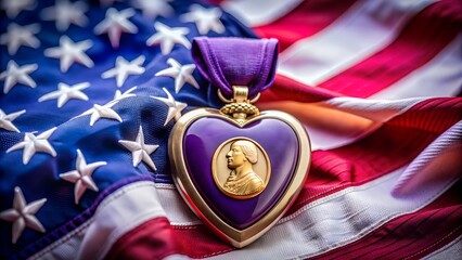 Purple Heart medal resting on the American flag