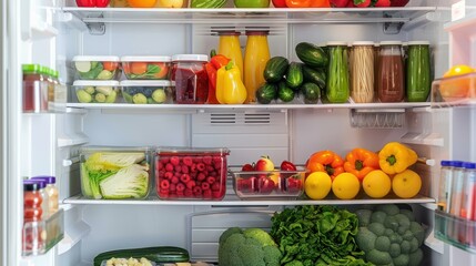 A well-organized refrigerator filled with a variety of fresh fruits, vegetables, and beverages, showcasing a healthy and colorful assortment of food items.