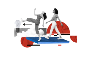 Photo cartoon comics sketch collage picture of smiling excited ladies walking achieving aim isolated drawing background