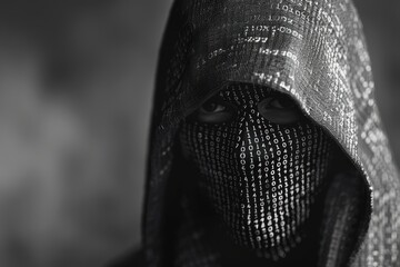 Hooded hacker with blurred binary data as face
