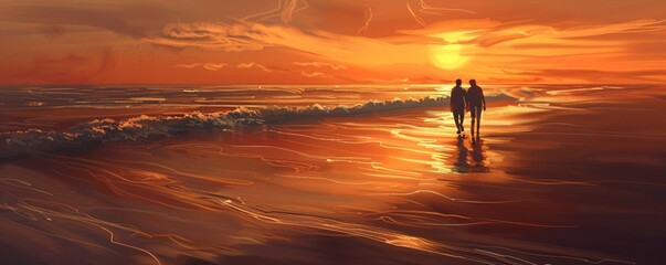 Romantic beach scene with a couple walking hand in hand along the waters edge at sunset