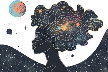Illustration of an African American person with a cosmic, planetary theme as hair, suitable for space-themed event