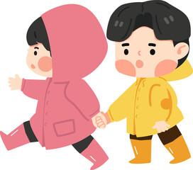 Kids wearing raincoats and holding hands