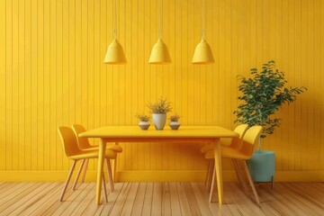 Interior design minimal dining room, interior minimalist style, interior design room yellow wall