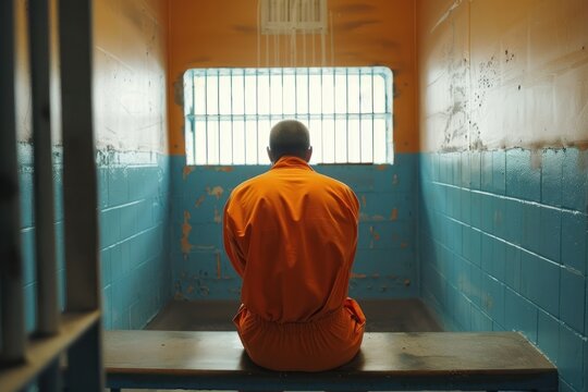 Jailed man dressed in orange jumpsuit sit on a bench of a prison cell alone