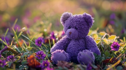 Fototapeta premium toy flower purple bear on the grass
