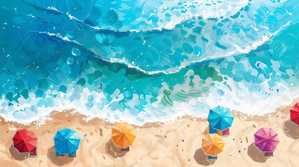 Fototapeta premium Serene beach scene with gentle waves lapping at the shore and colorful umbrellas dotting the sandy expanse
