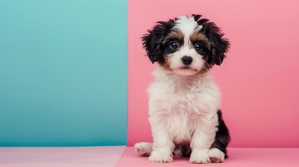 Toy puppy isolated on pink and blue background