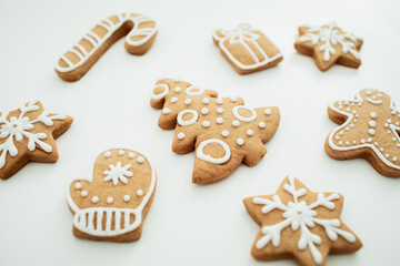 Ginger cookies on white background. Christmas sweet cookie