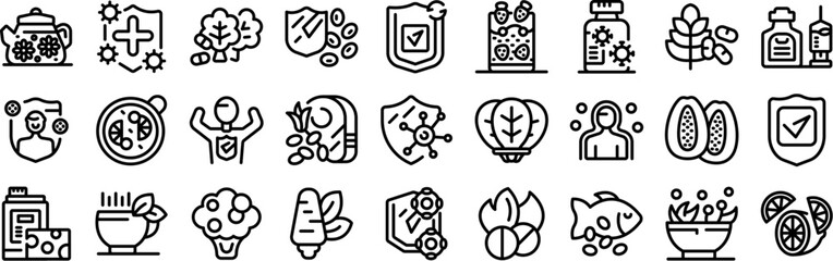 Boost immune icons set. Line icons representing healthy habits, food and immune system boosting vitamins