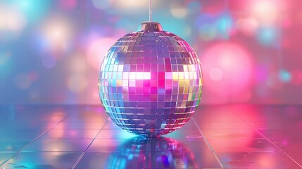 Fototapeta premium Sparkling disco ball reflecting a myriad of colors in an environment with vibrant, dynamic lighting setup, capturing the essence of a lively and exhilarating party scene.