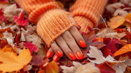 A close-up shot of hands with orange-painted nails in an orange sweater, laying on a bed of colorful autumn leaves, capturing the essence of fall and seasonal change.