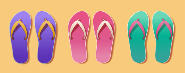Colorful flip flops summer beach footwear on yellow background. Purple pink green sandals. Summer vacation holiday concept. Flat design