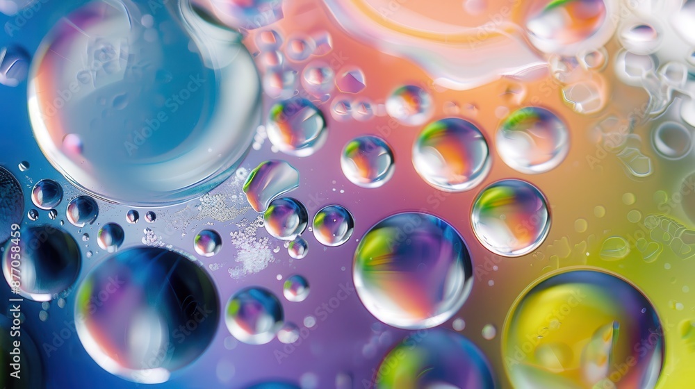 Poster a captivating abstract art piece created by the interaction of oil and water droplets on a vibrant b