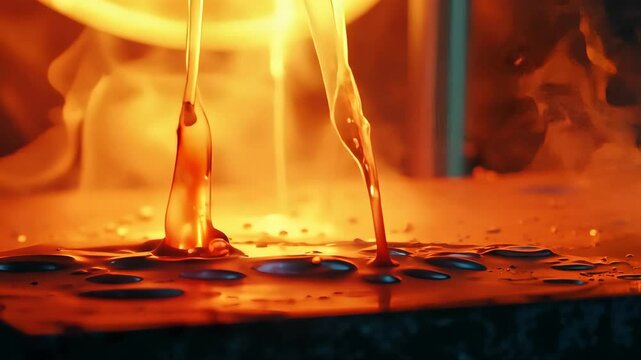 Drops of molten metal fall onto the surface and melt it. High temperature environment. Work smelting price and factory production. Great for commercial videos about factories