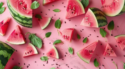 A fresh and vivid display of cut watermelon chunks, both in triangular and cubed shapes, accompanied by fresh mint leaves scattered artistically on a pink background.