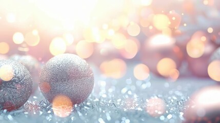 Two silver Christmas ornaments sit closely on a glittering surface, bathed in warm, glowing bokeh lights that set a dreamy and enchanting holiday scene.