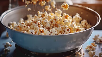 A lively and inviting scene showing freshly popped popcorn filling up a wide metallic bowl, highlighting the joy of preparing and enjoying a simple snack.